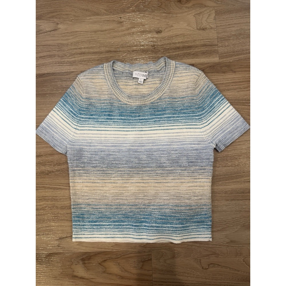 INTERMIX Striped Knit Top Size L Blue Beige Short Sleeve Sweater